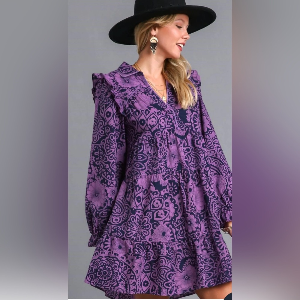 Umgee Purple Floral Long Sleeve Dress Size Small